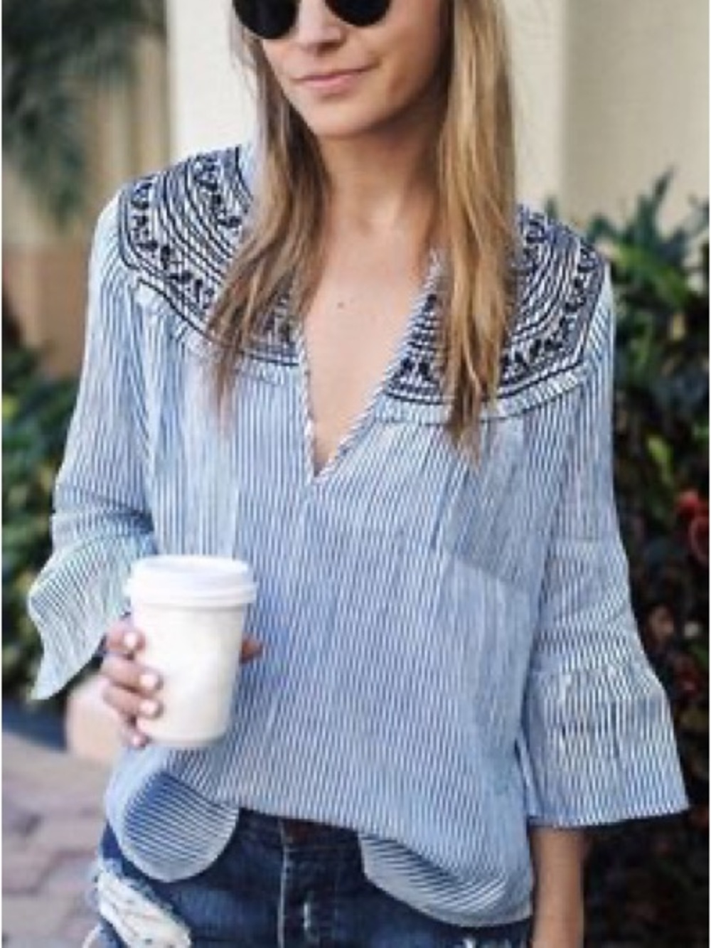 🌺Abercrombie & Fitch Light Blue Striped Embroidered V-Neck Bell Sleeves Top